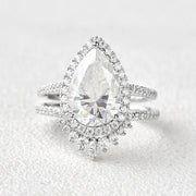 Pear Cut Moissanite Halo Engagement Ring with Curved Stacking Band Mapple Gems
